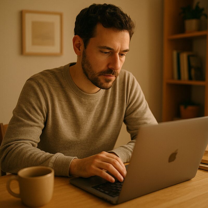 Man at a desk setting up an online dating profile on his laptop