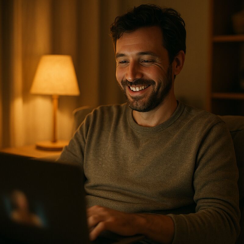 Man on a relaxed video call at home in the evening