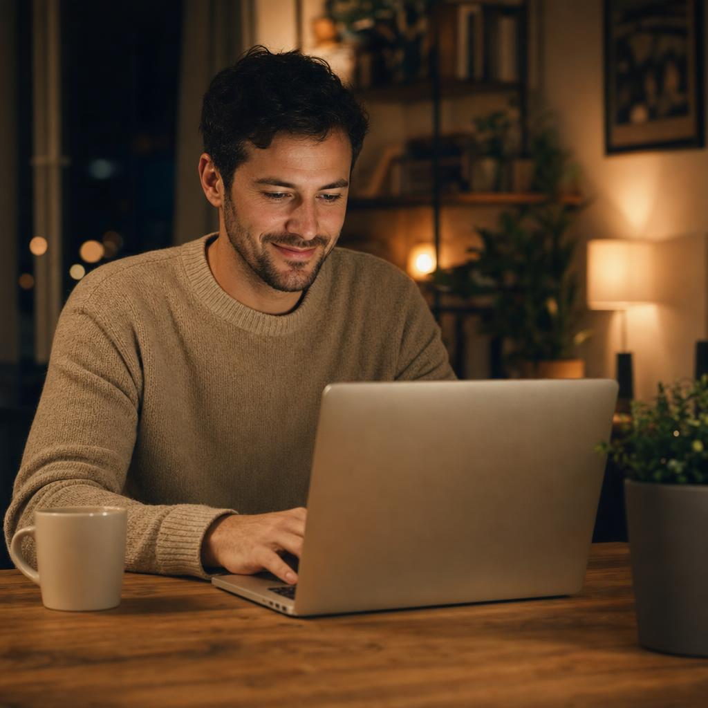 Man calmly reviewing a verified profile on his laptop