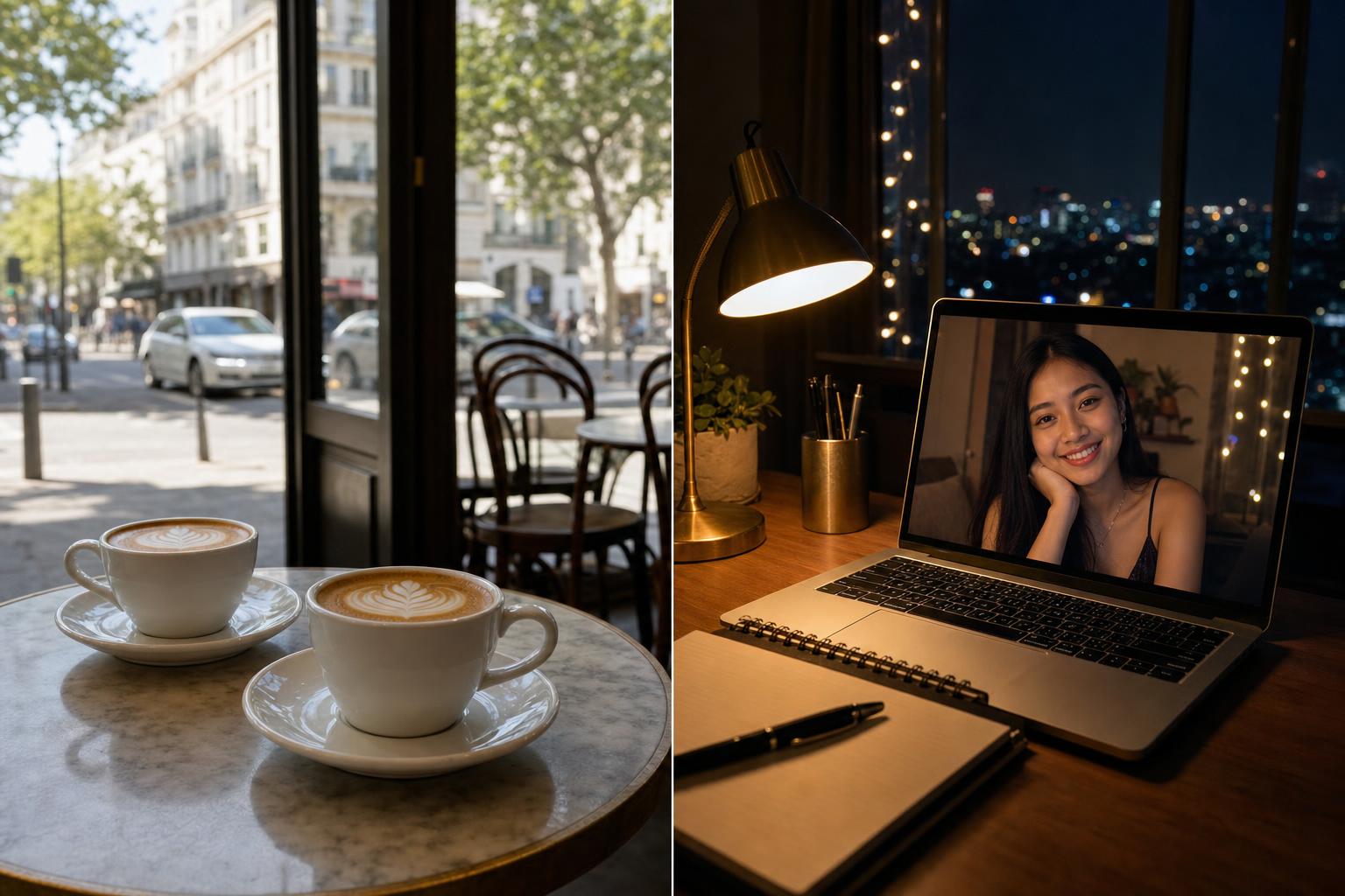 Split visual contrasting a quick local coffee-date moment with a warm evening video call across time zones