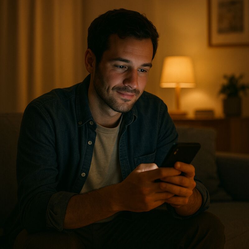 Man sitting on a couch at night, softly lit by his phone screen, looking thoughtful but hopeful