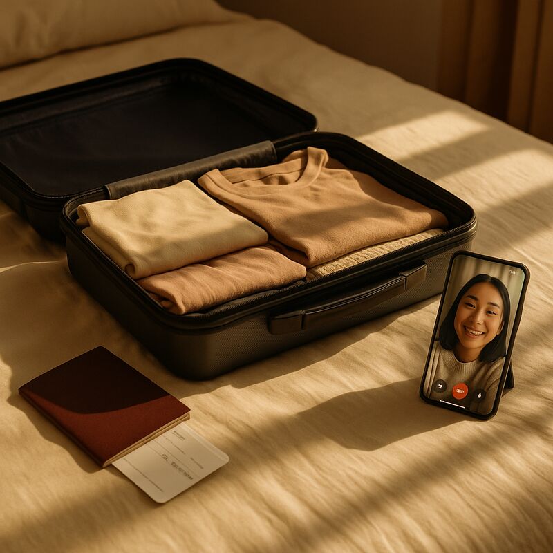 A packed suitcase and phone showing an active video call, warm morning light