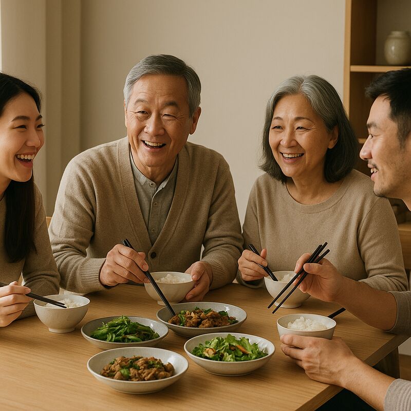 A multigenerational Asian family sharing a warm meal together at home