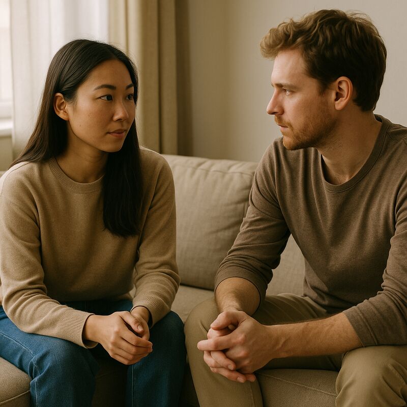 A couple in a thoughtful, gentle conversation on a couch