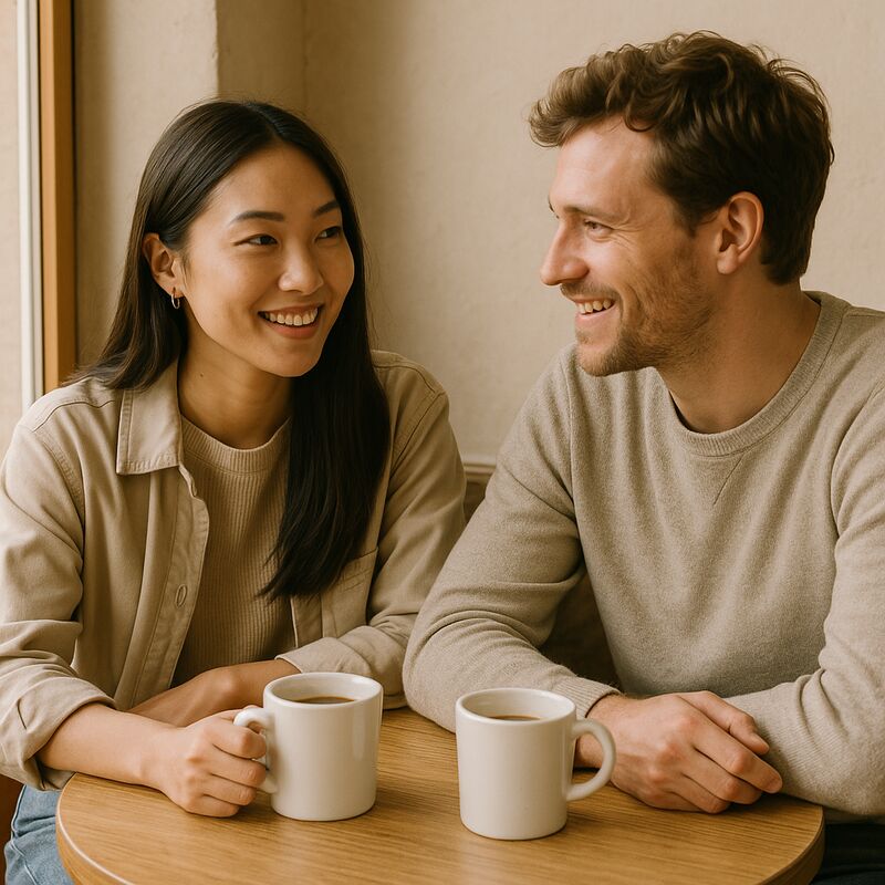 A couple talking and planning together over coffee
