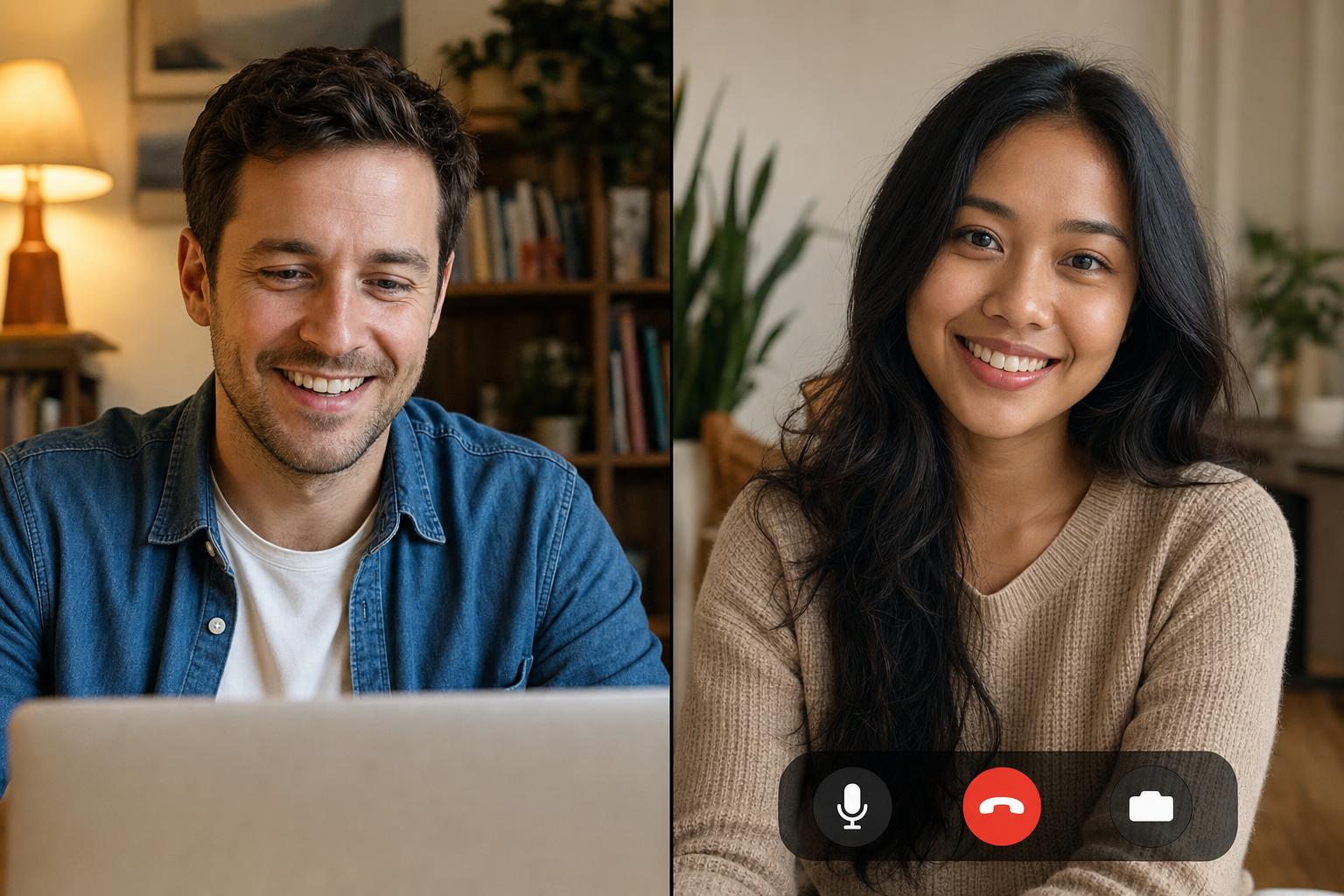 Two people smiling at each other during a genuine video call