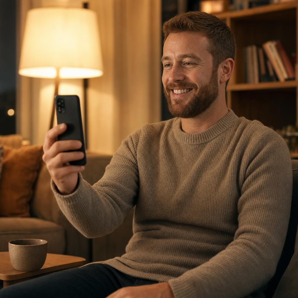 A man smiling warmly during a video call with an Asian woman at home