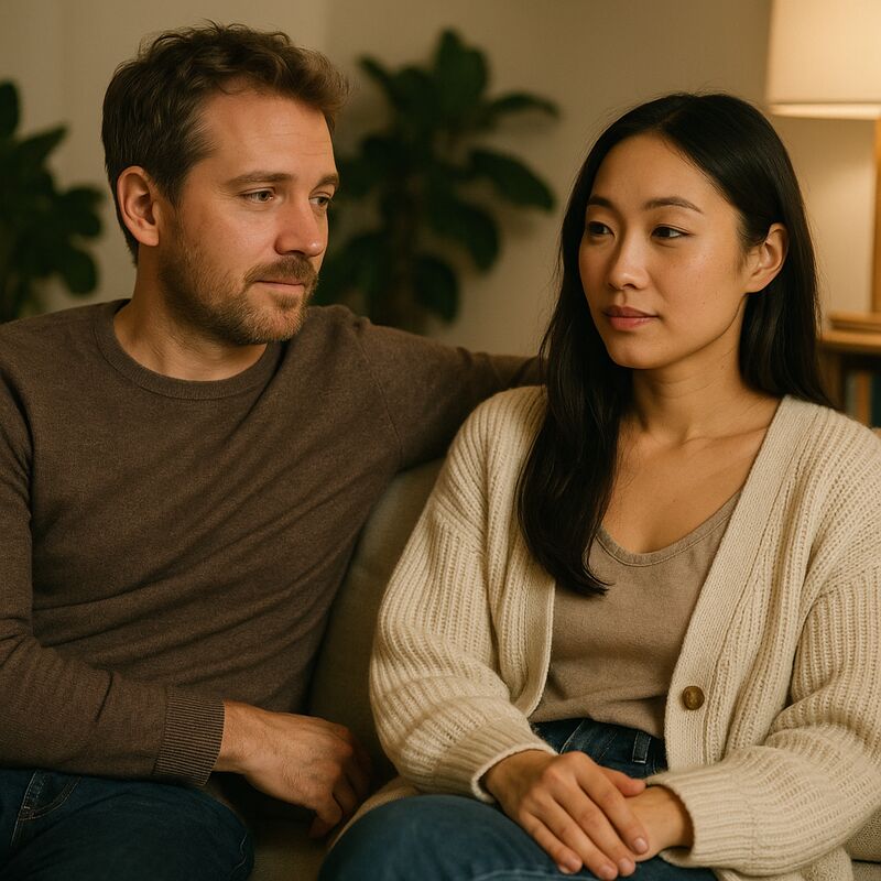 A man and woman sharing a comfortable, quiet pause during a conversation