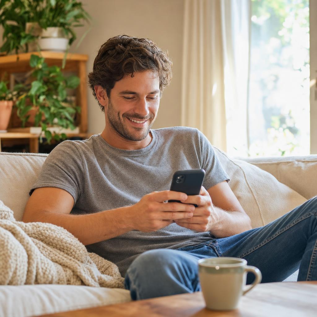 A man smiling at his phone while texting on a couch at home
