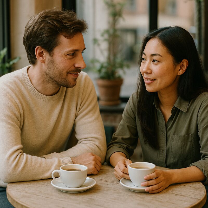 A man and woman having a warm, genuine conversation together