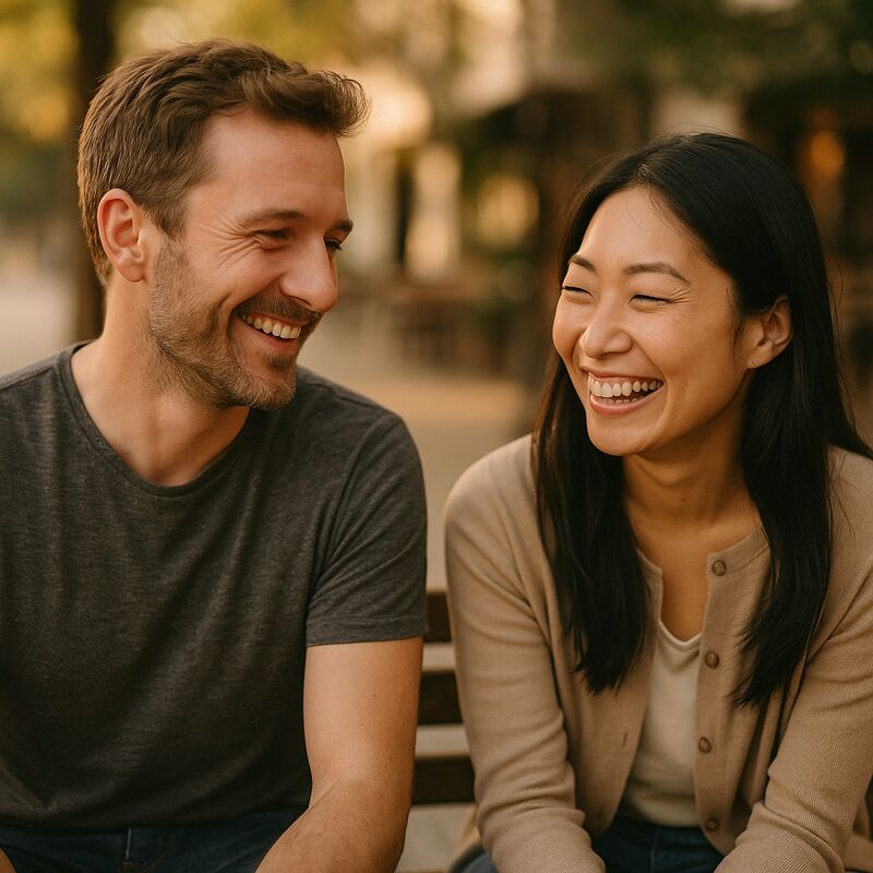 A man and woman sharing a genuine, close moment together in conversation