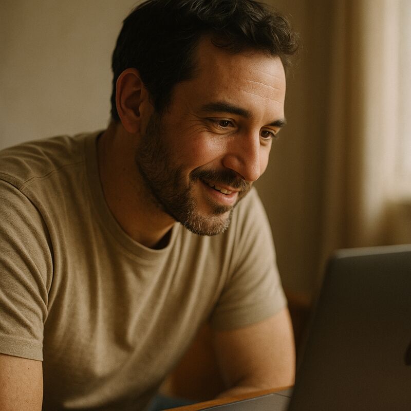 A man genuinely engaged in a warm video conversation, attentive expression, no stereotypical cultural props