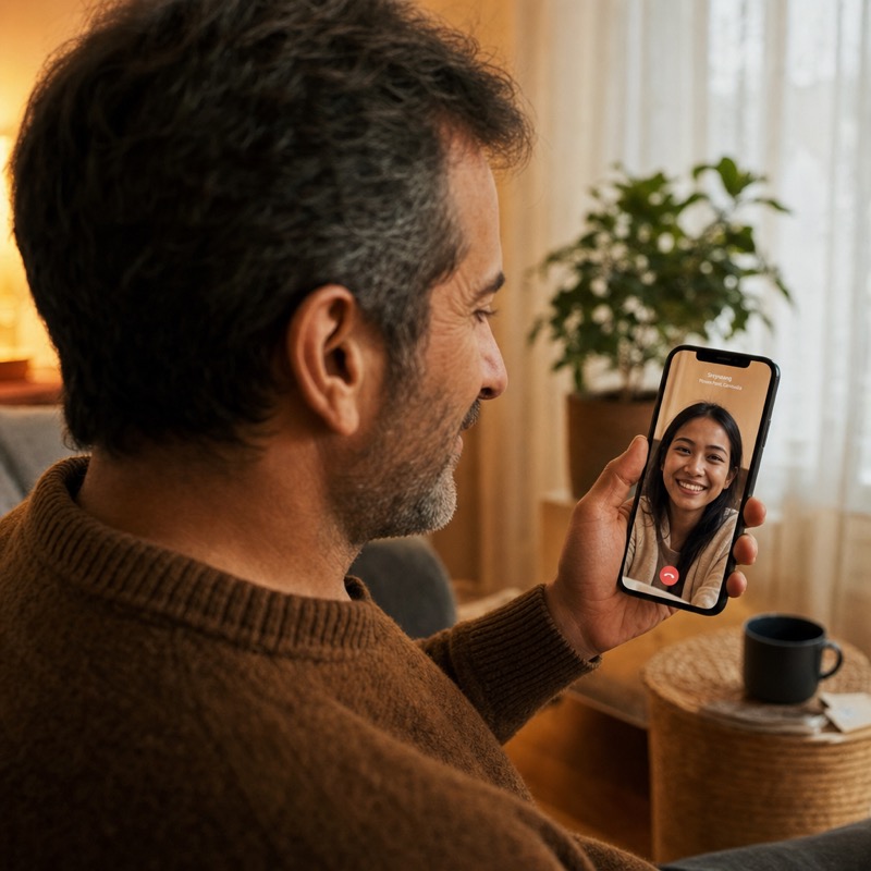 Over-the-shoulder view of a man on a video call, phone screen visible and facing him, calm and reassured expression